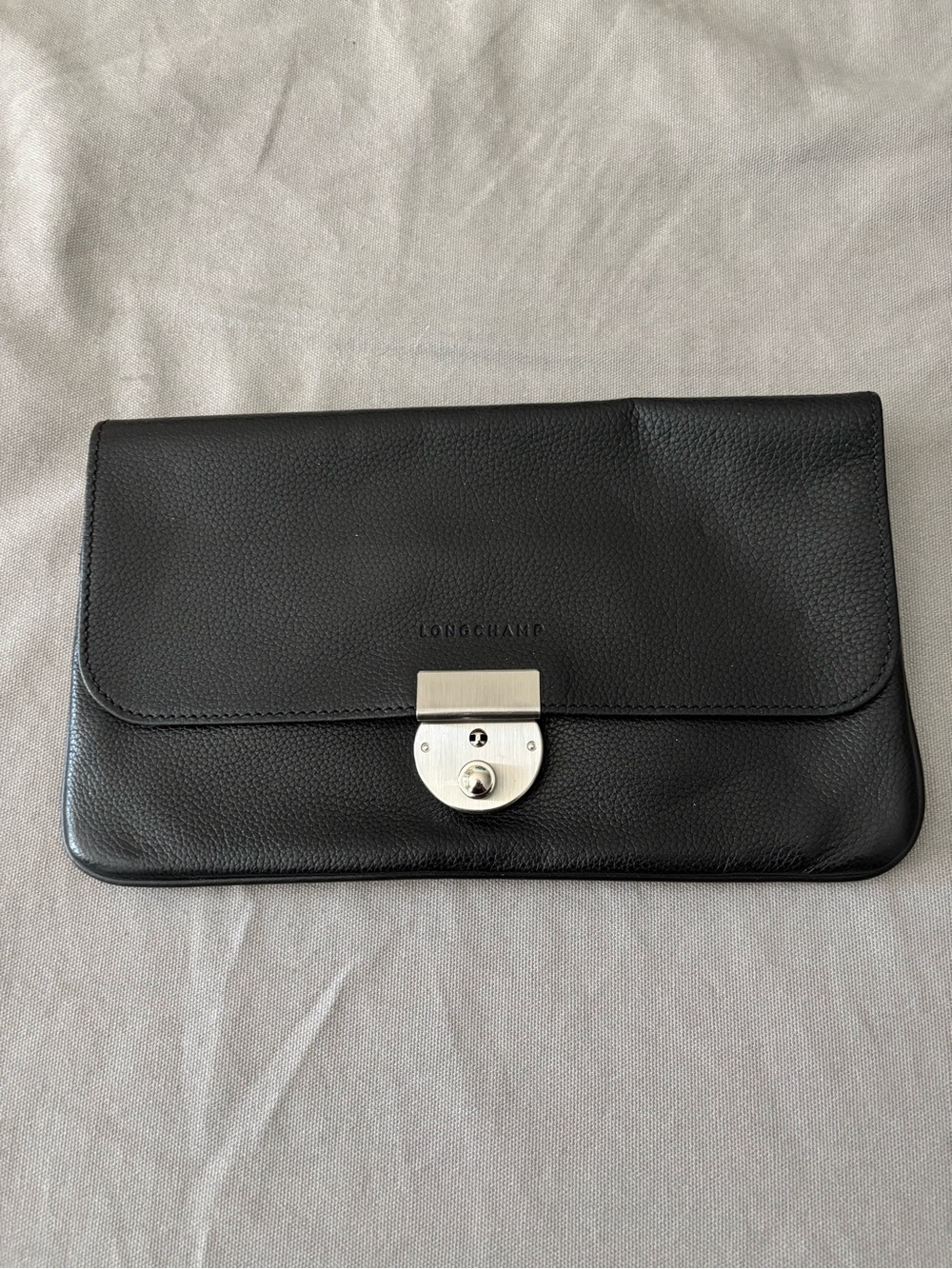 Longchamp Black Pebbled Leather Clutch with Silver Turn-Lock